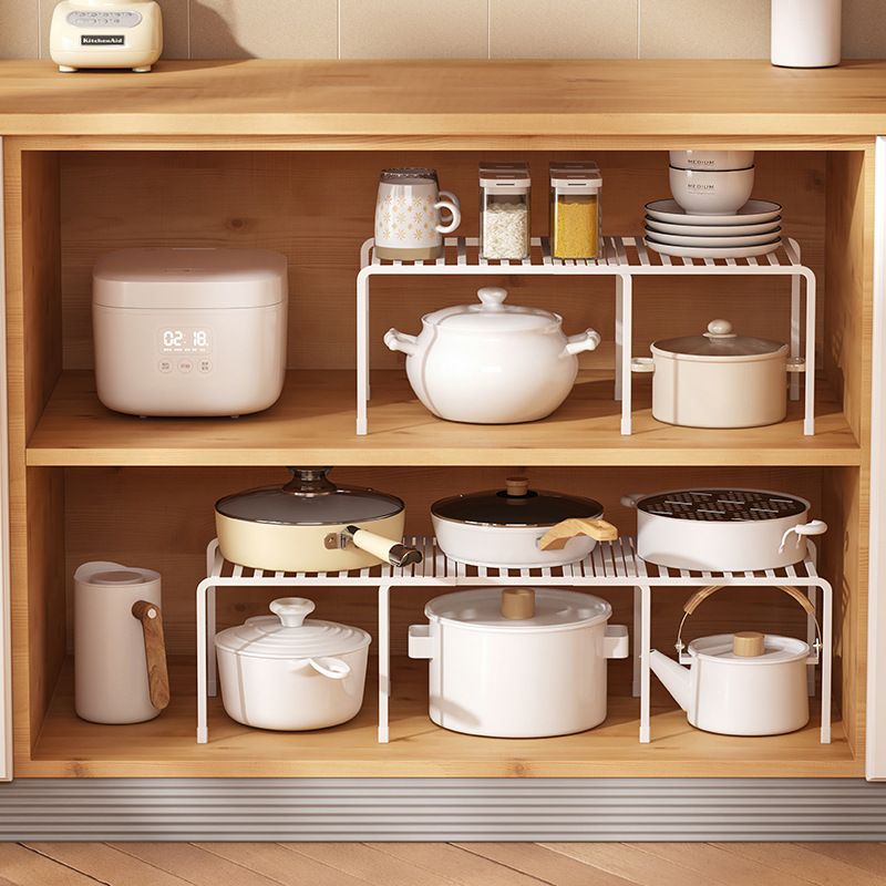 厨房整理分层收纳架可伸缩置物架橱柜分层锅架铁艺调料架碗碟架