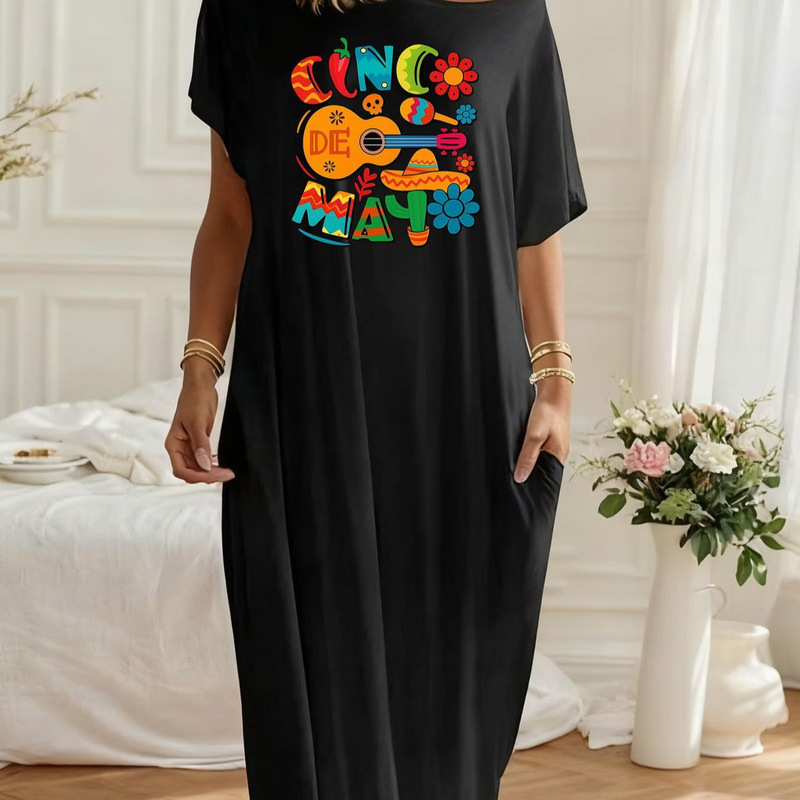 Cross-Border European and American Style Fun Mexican Festival Cinco De Mayo Printed Lazy Style Loose Casual Long Dress
