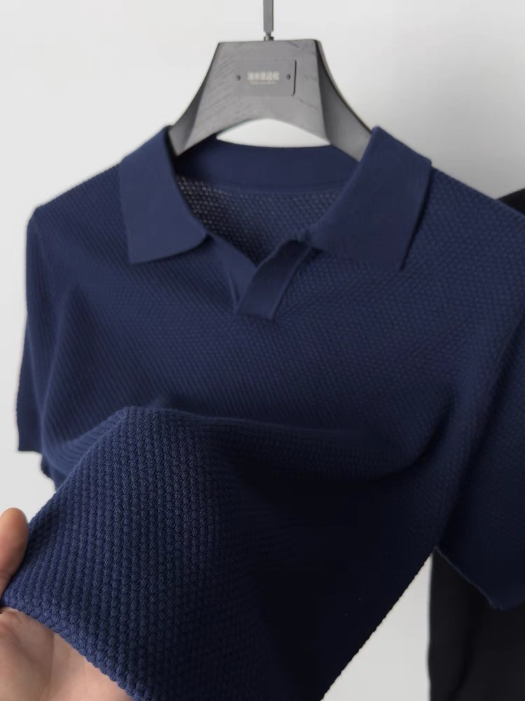2025 primavera y verano nuevo estilo americano estilo perezoso suéter de punto ligero para hombre, camisa POLO de manga corta con solapa guapa