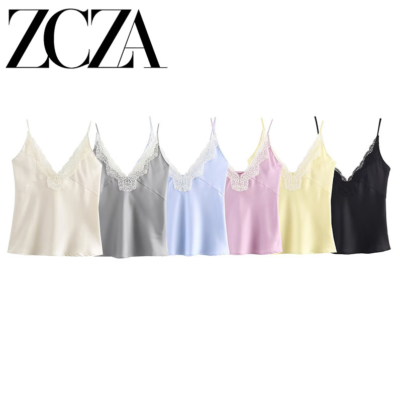 Zcza Self-Made European and American Style New Women's Fashion Versatile Lace-Trimmed Silk Satin Camisole Zcza Self-Made European and American Style New Women's Fashion Versatile Lace-Trimmed Silk Satin Camisole