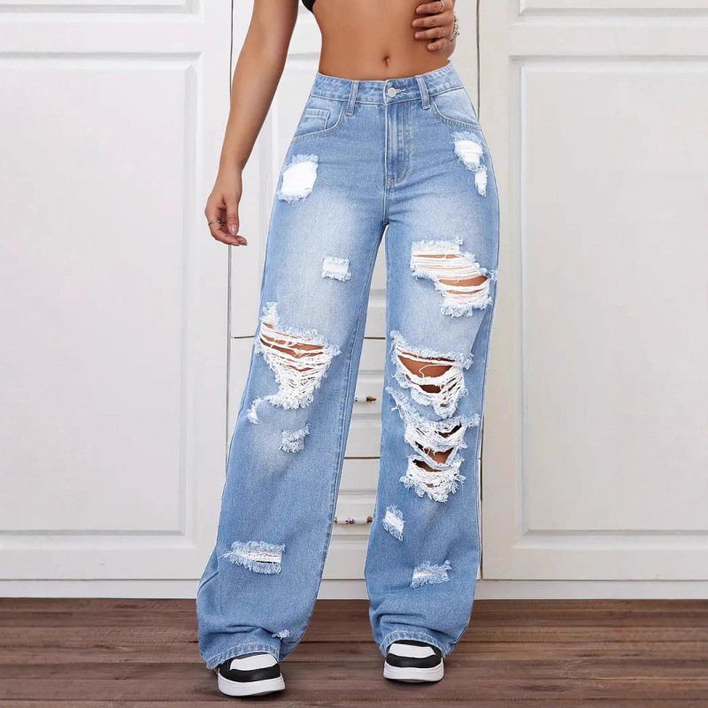 欧美跨境外贸破洞牛仔裤洗水高腰直筒百搭宽松牛仔长裤女 JEANS|undefined