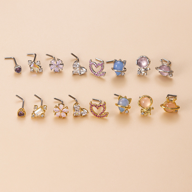 Fashion Flower Stainless Steel Inlay Zircon Nose studs 1 Piece