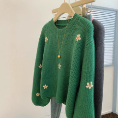 复古刺绣花朵套头毛衣女秋冬2025女装宽松慵懒风高级感韩系针织衫