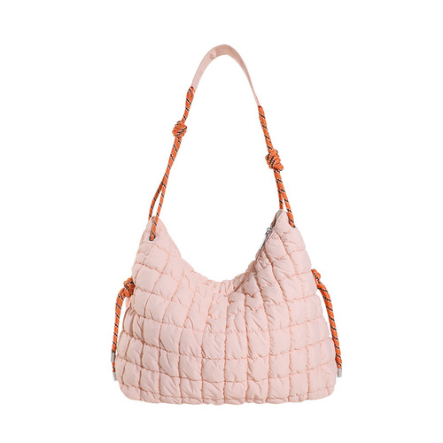 Diamond-pattern embroidery cloud-shaped down cotton-padded jacket bag, niche pleated single-shoulder bag, Korean-style crossbody bag, large-capacity tote bag.