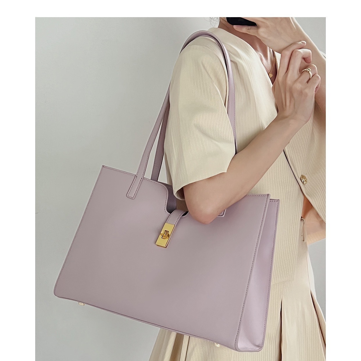 Women's Cowhide Tote Bag Casual Commuter Large Capacity Briefcase Ins Style Shoulder Underarm Handbag - Thumbnail 3