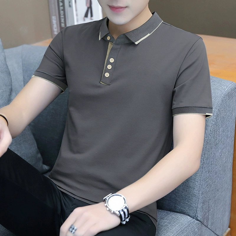 Хлопковая мужская футболка с короткими рукавами рубашка POLO2024 летом новый сплошной цвет лацканов повседневная футболка с короткими рукавами