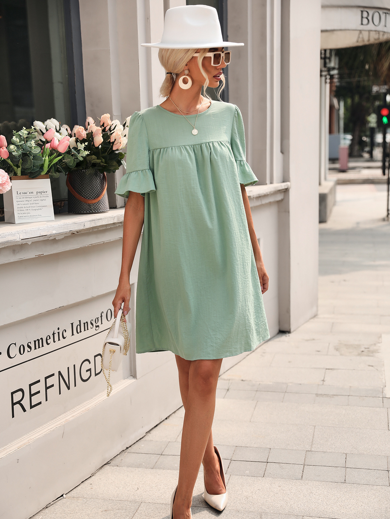 Loose Trumpet Sleeve Round Neck Mid-Length Dress NSJM114309