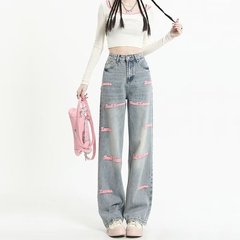 高街刺繍広脚ジーンズ女性初春デザイン感アルファベット直筒ズボン高腰痩せ地ズボン