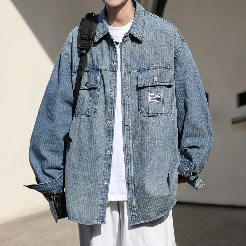 Camicia in denim a righe con effetto sfumato da uomo, stile vintage americano, vestibilità ampia, giacca casual versatile per ragazzi._voghion.com