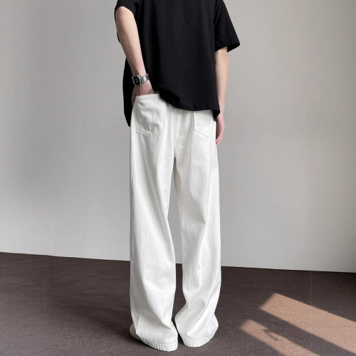 Summer American High Street White Denim Jeans for Men - Advanced Style Loose Straight Leg Wide Leg Floor-Length Versatile Long Pants