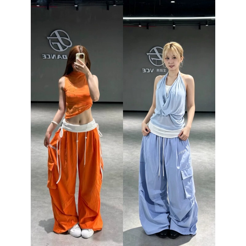 Dopamine orange work pants, wide-leg pants, women's loose straight-leg parachute casual pants, dance jazz pants, trendy Dopamine orange work pants, wide-leg pants, women's loose straight-leg parachute casual pants, dance jazz pants, trendy