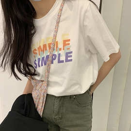 一件代发女装2021简约字母印花白色T恤女韩版宽松夏季修身潮短袖