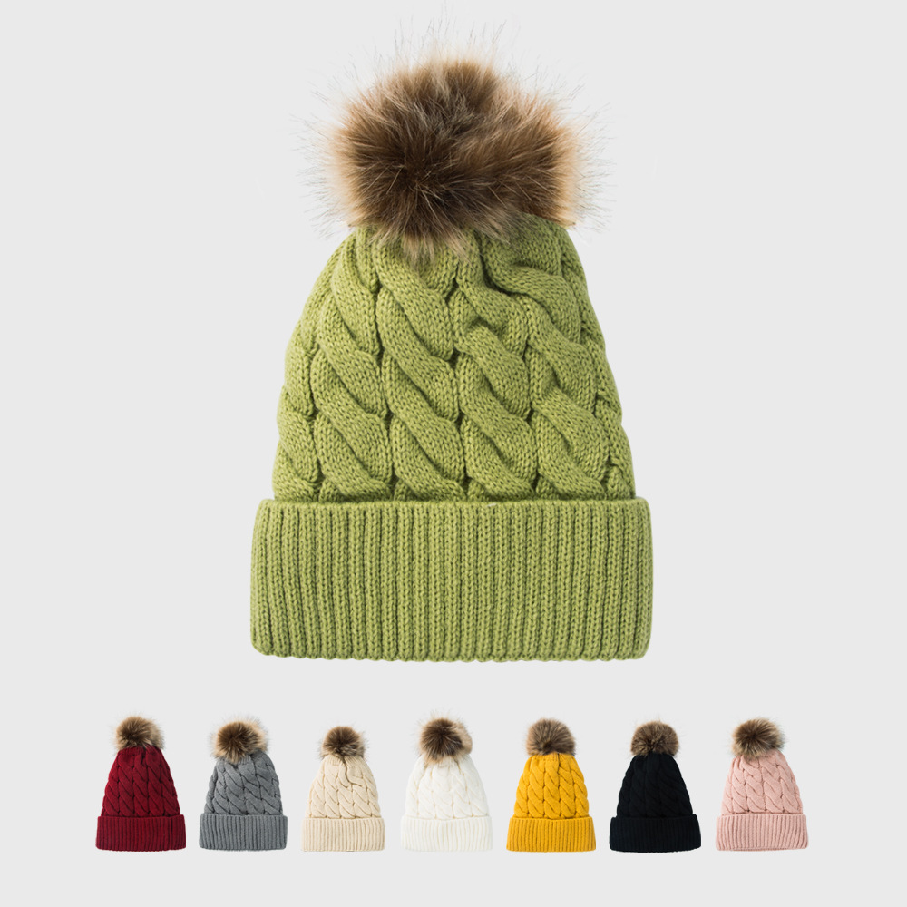 New Style Woolen Cap Thickening Velvet Keeping Warm Solid Color Fur Ball Head Cap Korean Knit Hat Wholesale display picture 1