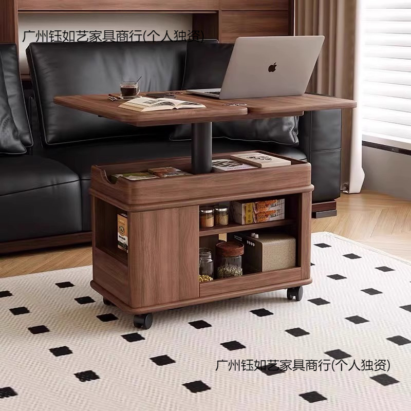 Walnut-Colored Vintage-Style Mobile Coffee Table, Foldable and Adjustable Height Tea Table, Solid Wood Side Table for Small Living Rooms