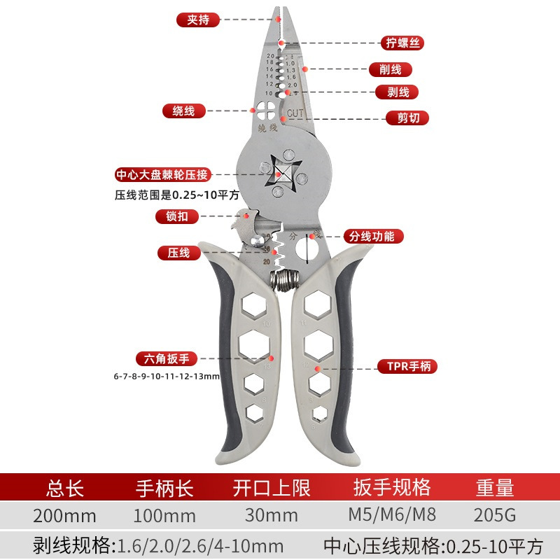 新型多機能（センタープレート）圧着ペンチ、ワイヤー分離、ワイヤー巻き取り、皮むき、ネジ締め、ワイヤー切断、電気技師専用皮むき|undefined