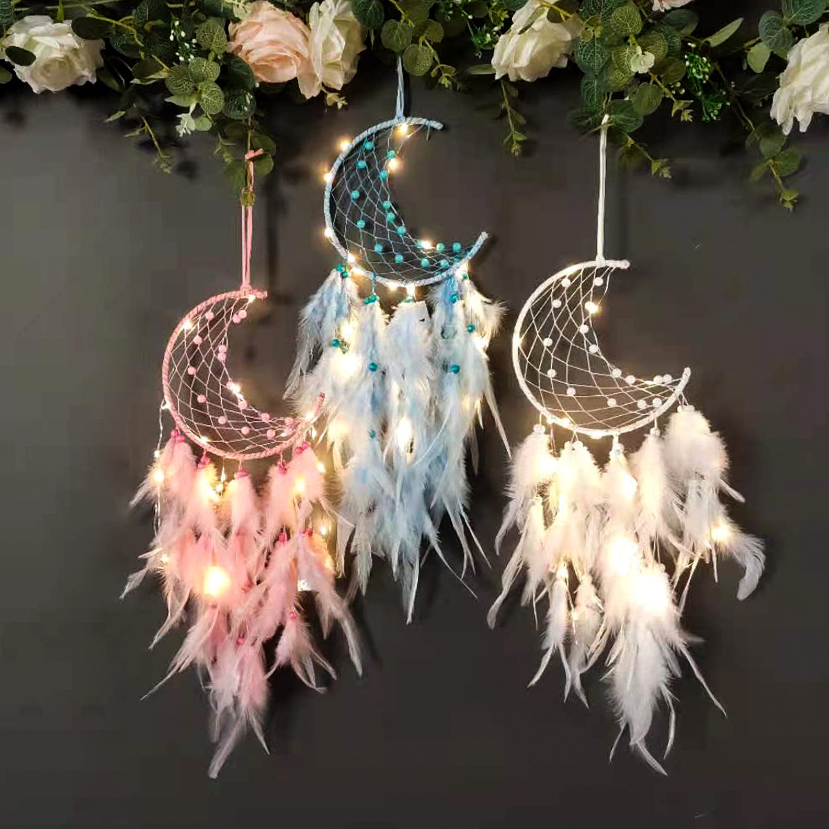 MS9125 Hand-woven Moon Decor Dreamcatcher Pendant Light for Bedroom Wall Hanging Student Daily Creative Gift