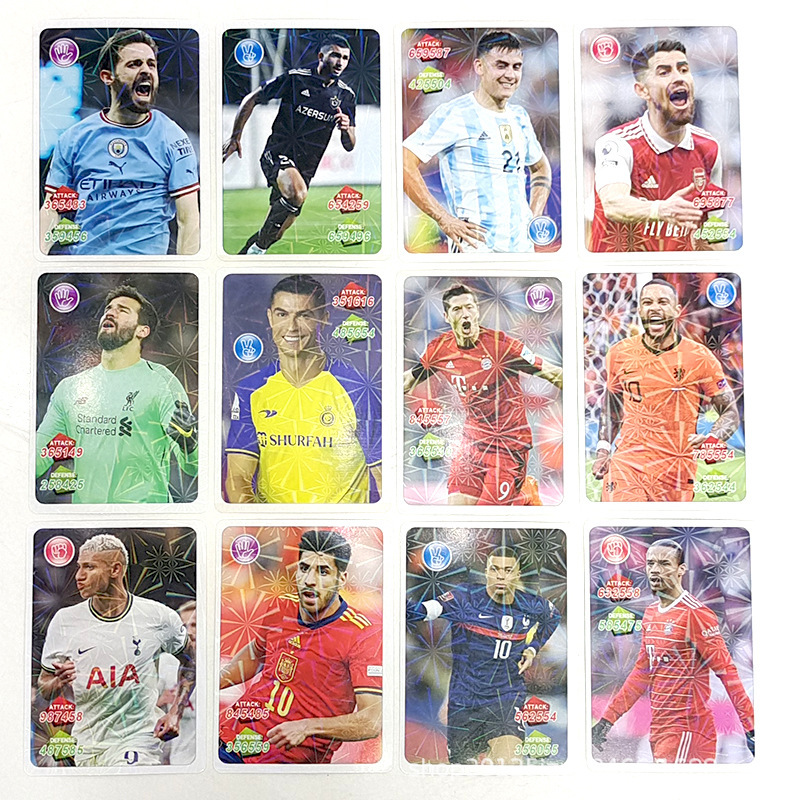 Tarjetas de fútbol estrella de la Copa del Mundo de dibujos animados Europa League Tarjetas de estrellas periféricas Tarjetas de inglés 36 paquetes de tarjetas láser