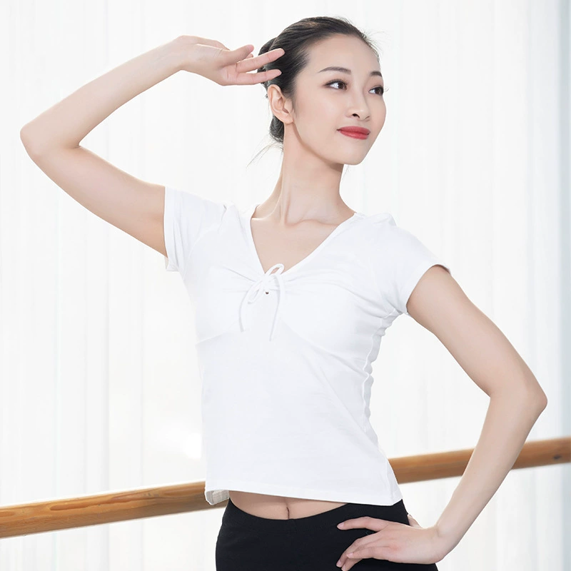 Специальное предложение благотворительная танцевальная одежда с короткими рукавами современная танцевальная одежда для тренировок Женская балетная футболка с V-образным вырезом и бантом Танцевальный Топ