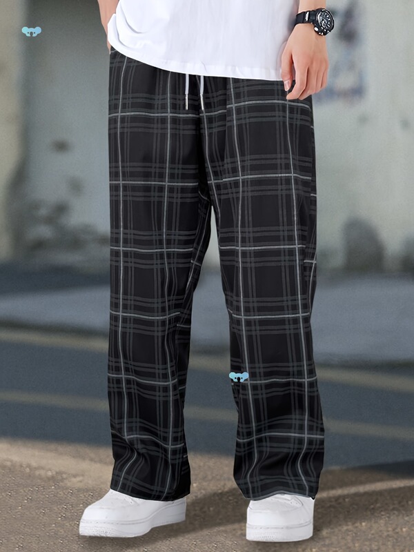 Plaid Pattern Joggers Men's Casual Loose Fit Waist Loose Jogging Pants
