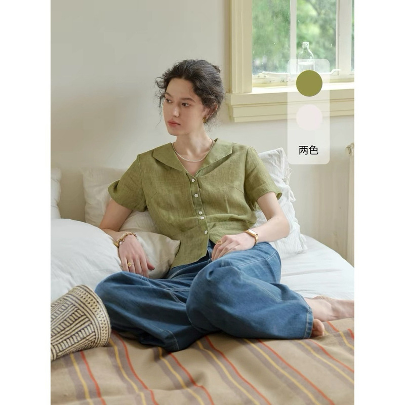 SimpleRetro Peach Green Plum Tencel Ramie Turn-down Collar Short Sleeve Shirt for Women, Vintage Short Commuting Blouse for Summer SimpleRetro Peach Green Plum Tencel Ramie Turn-down Collar Short Sleeve Shirt for Women, Vintage Short Commuting Blouse for Summer