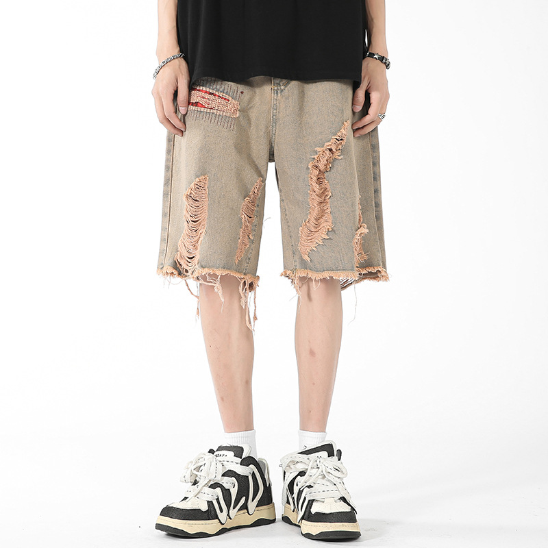 Jeans im amerikanischen Stil für Herren, 2024, Sommer, trendige Marke, Distressed-Denim-Shorts, Jugend, High Street, lockere, lässige Caprihosen_voghion.com