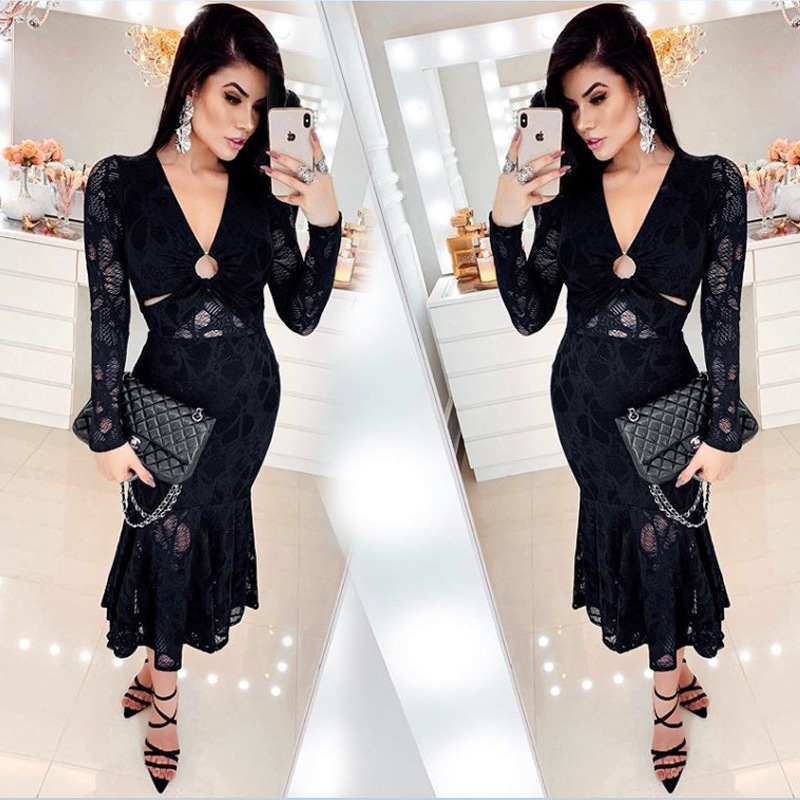 Dunhuang nuevo vestido delgado de manga larga con cuello en V 2023 primavera y verano europeo y americano Comercio exterior nueva ropa de mujer