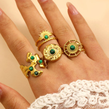 欧美跨境天然石不锈钢戒指镀18K金活口小众高级感女复古ins指环