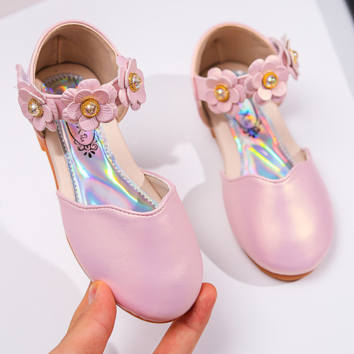  Spring and Autumn New Girls' Shoes Princess Shoes Soft Sole Flower Round Toe Velcro Leather Shoes Fashionable Children's Shoes
