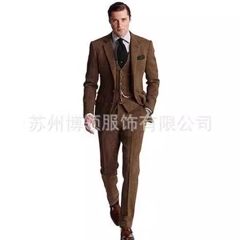 亚马逊新款人字纹西装男士套装三件套修身款商务宴会伴郎服新郎