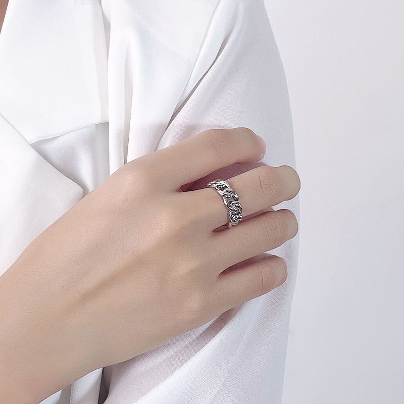 925 Sterling Silver For Women, Niche Design, Simple Cuban Chain, Personalized Adjustable Open Ring_voghion.com