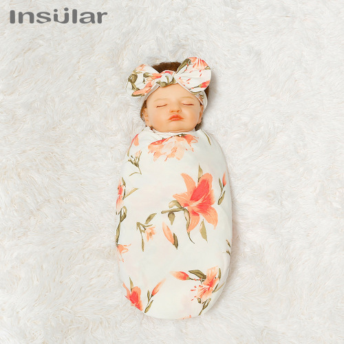 Newborn printed towel, tire cap, hair band, three-piece set, baby printed towel, baby swaddle towel set