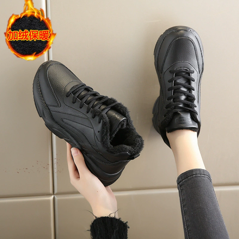 Зимняя черная женская обувь плюс бархат теплая хлопчатобумажная обувь женская кожа водонепроницаемая повседневная обувь легкая нескользкая обувь с толстой подошвой
