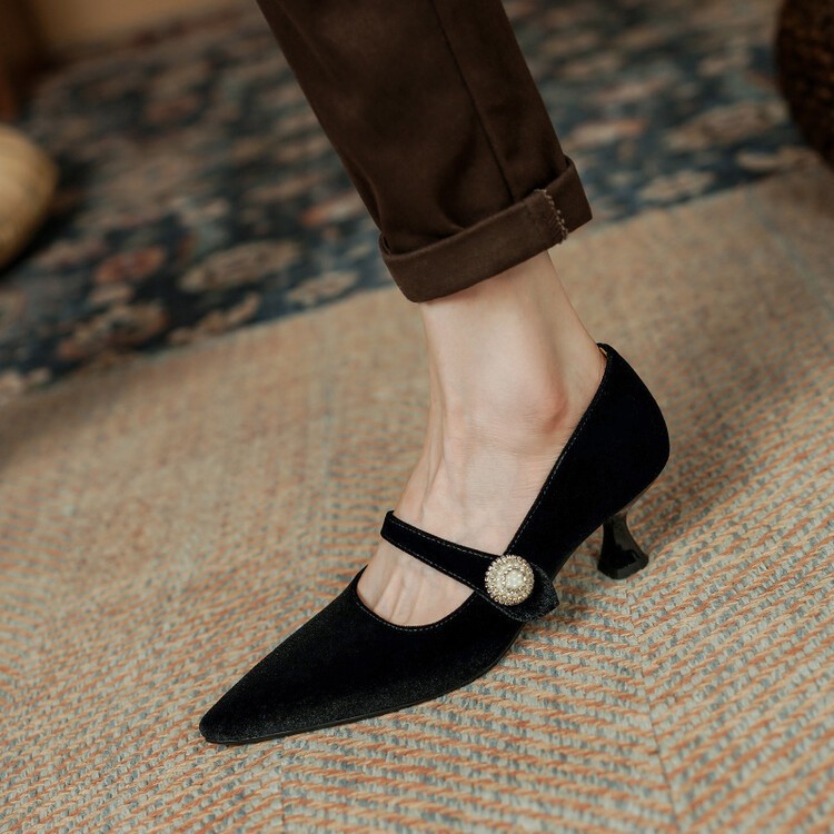 2025 Winter High Heels Sexy Pointed Toe Single Shoes With Pearl Detail, Suede, New Thin Heel, Versatile For Women's_vogvips.com