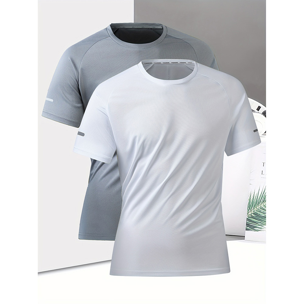 Conjunto de 2 camisetas unissex masculinas de secagem rápida - Camisetas de verão respiráveis, folgadas e com gola redonda para uso casual e ao ar livre._voghion.com