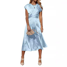 Express simple summer dress外贸四季休闲简约系带纯色女连衣裙