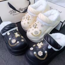 时尚毛毛凉拖鞋加毛洞洞鞋女防滑双白熊亚马逊厚底洞洞鞋可代发