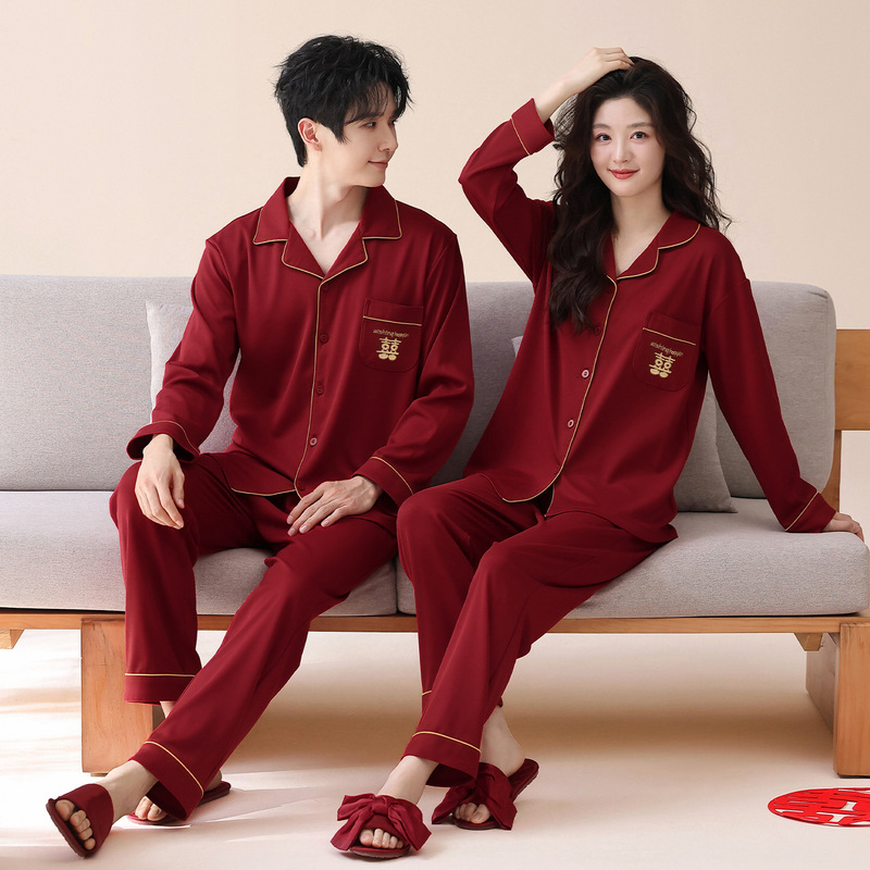 Pure cotton pajamas for newlyweds, autumn long-sleeve red set, 2026 new style bridal home wear