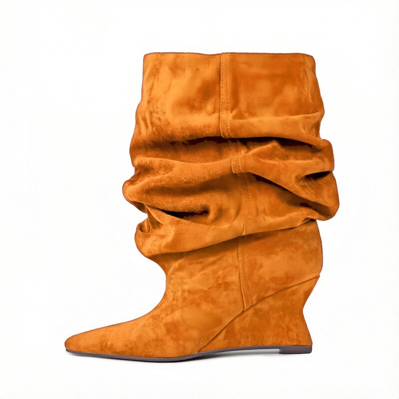 European and American Foreign Trade Cross-Border Slip-On Pointed Toe Wedge Pleated Boots, Suede, Size 45, High-Heeled Mid-Calf Boots European and American Foreign Trade Cross-Border Slip-On Pointed Toe Wedge Pleated Boots, Suede, Size 45, High-Heeled Mid-Calf Boots