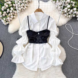 春秋季韩版设计感喇叭袖翻领单排扣衬衫连衣裙两件套蕾丝吊带背心