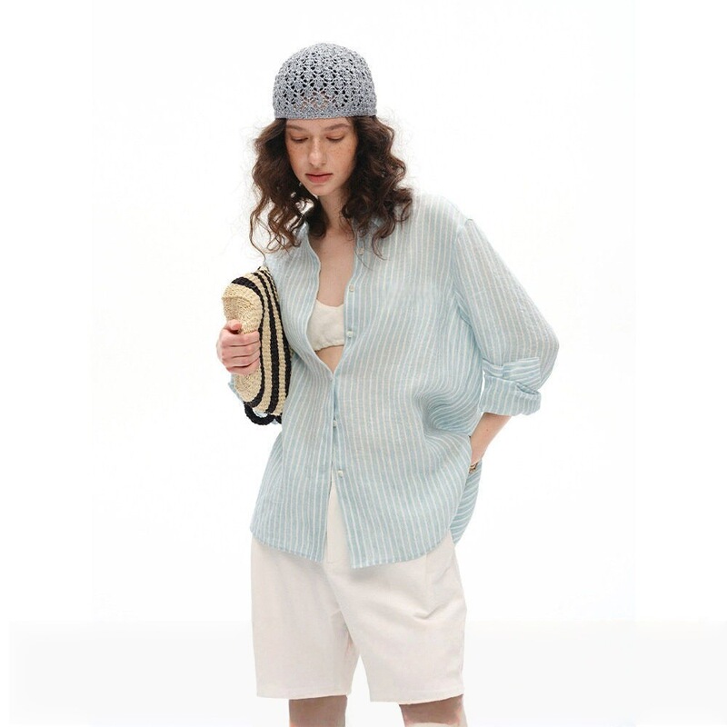 Peach 50% Linen 50% Hemp Vertical Stripe Embroidered Shirt for Women, Loose Fit, Slimming, Long Sleeve, Versatile Blouse Top Peach 50% Linen 50% Hemp Vertical Stripe Embroidered Shirt for Women, Loose Fit, Slimming, Long Sleeve, Versatile Blouse Top