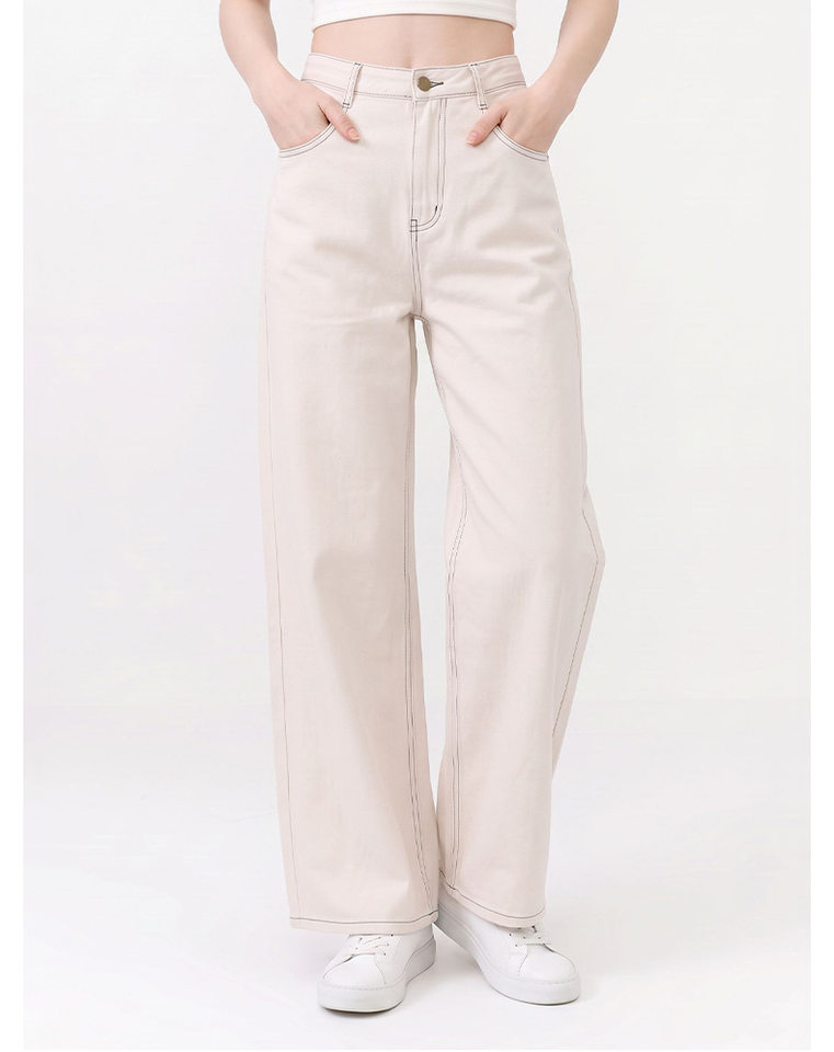 Quần jeans nữ ống rộng lưng cao dáng suông có đường chỉ nổi — Gạo trắng chi tiết 8