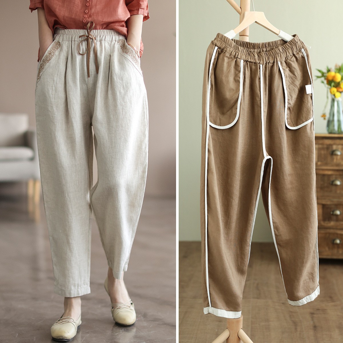 Ancient Coffee Clothing Early Autumn New Linen Women's Pants Loose Literary Flap Pocket Pants Embroider Casual Lace-Up Harem Pants for Women
