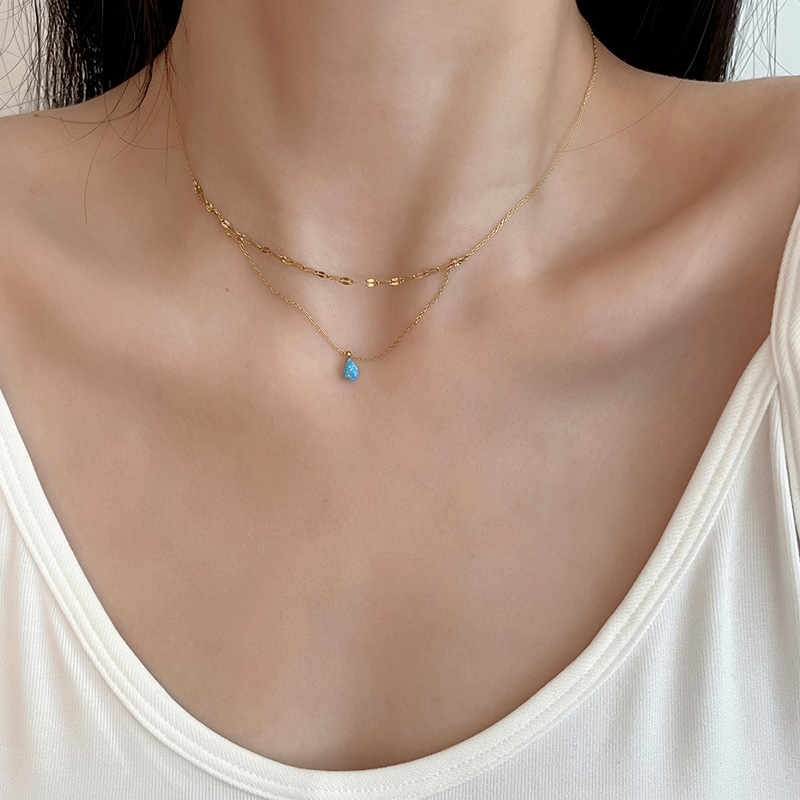 Mermaid Tears~Double-layered blue stone necklace for women, delicate and compact collarbone chain, elegant and gentle everyday accessory