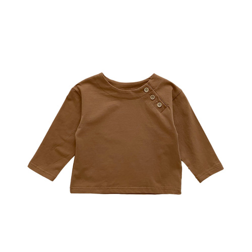  New Children's Solid Color Korean Style Baby Spring Item for Both Boys and Girls Round Neck Open Shoulder Button Collar T-shirt Base Layer Outerwear