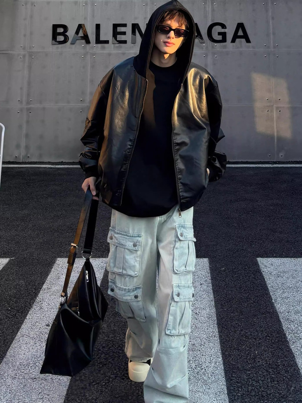 秋冬季潮流痞帅黑色连帽皮衣男美式复古潮流百搭短款廓形外套上衣|undefined