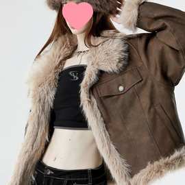 美式防皮草复古毛毛外套新款机车服皮毛一体外套默认项有吊牌