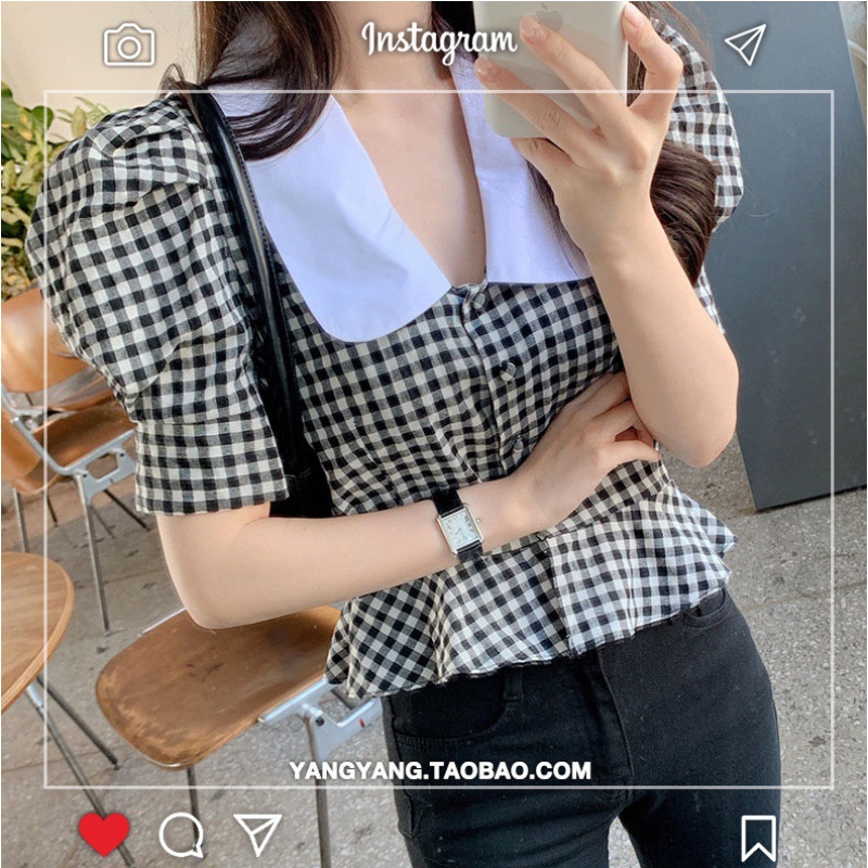 韩国时尚chic黑白格子西装衬衫短款显瘦泡泡袖娃娃领上衣