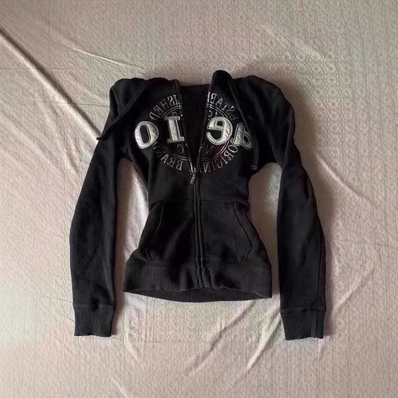 European and American Spice Girl Short Slim-fit Jacket New Design Sense Niche Black Hooded Casual Foam Letter Sweatshirt for Women