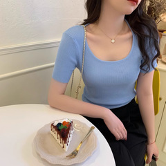 フレンチデザインラウンドネック半袖Tシャツレディース夏スリムフィットアイスシルクセーターピットシックトップ