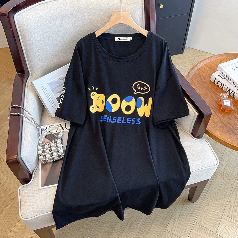 Женская одежда больших размеров для полных девушек, летняя футболка больших размеров для студенток средней длины, корейский стиль, свободный утягивающий образ, круглый вырез, принт с короткими рукавами